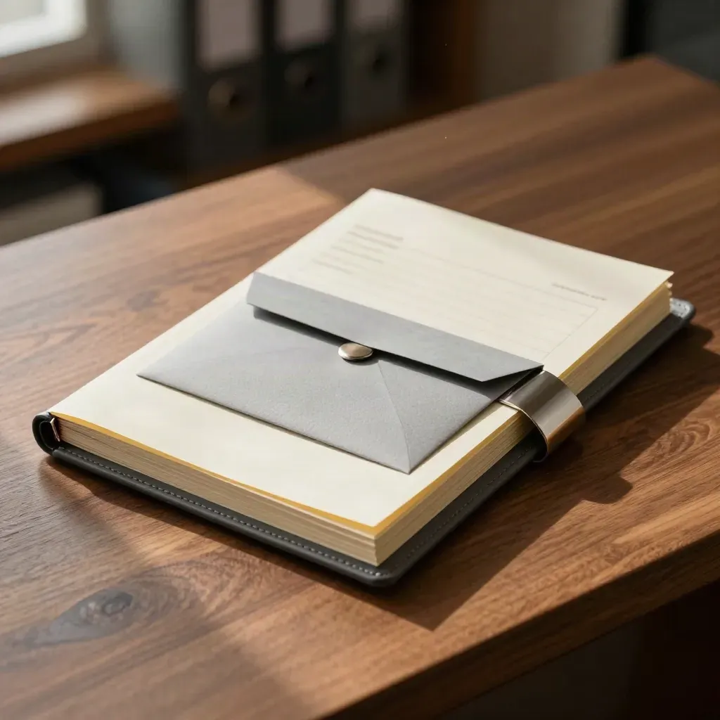 Löneadmin-paket med folio, papper och förseglat kuvert på varm träyta.